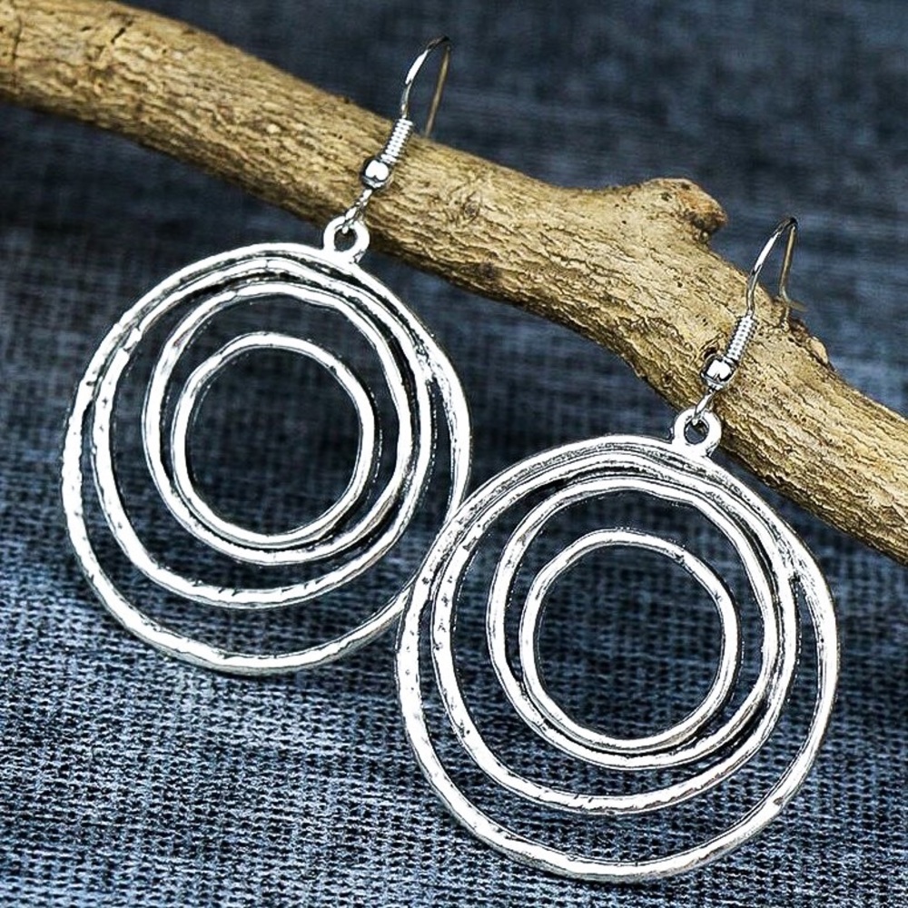 Any 2/$20! Silver Concentric Circle Boho Drop Earrings - Picture 3 of 7